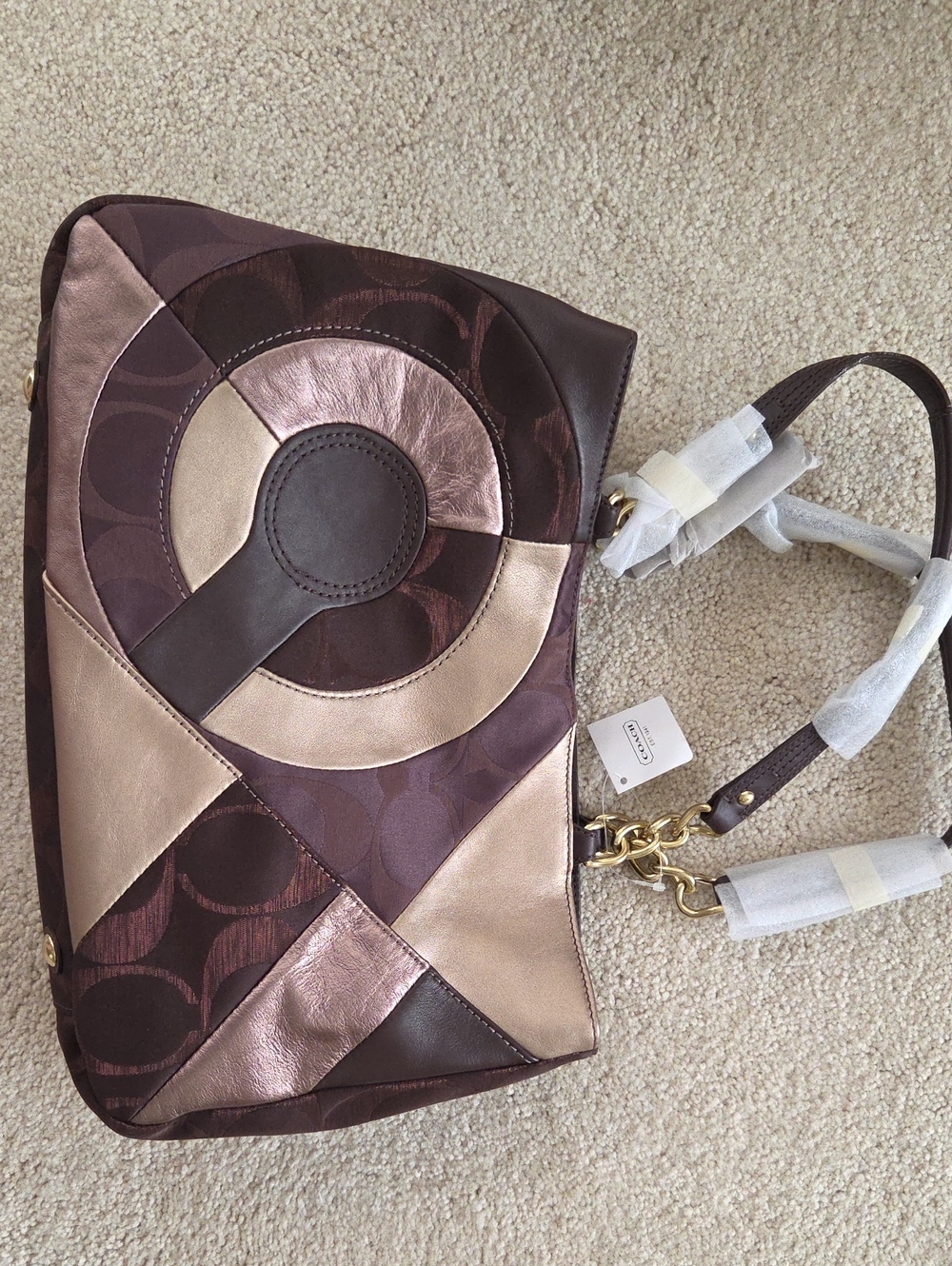Coach Patchwork Shoulder Bag in Brown and Metallic Taupe